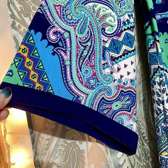 Vibrant Bohemian Mandala Shift Dress Size 6 Blue Multi Color Bell Sleeves Retro - Picture 4 of 13